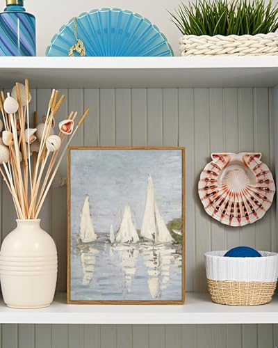 ARPEOTCY Vintage Framed Canvas Wall Art, 12x16inch, Farmhouse Summer Sailboat Wall Decor, Nautical Lake Art Prints Home Decorations, Seascape Paintings for Living Room Bedroom Office Decor - color: 3 White Sails, size: 16"L x 12"W