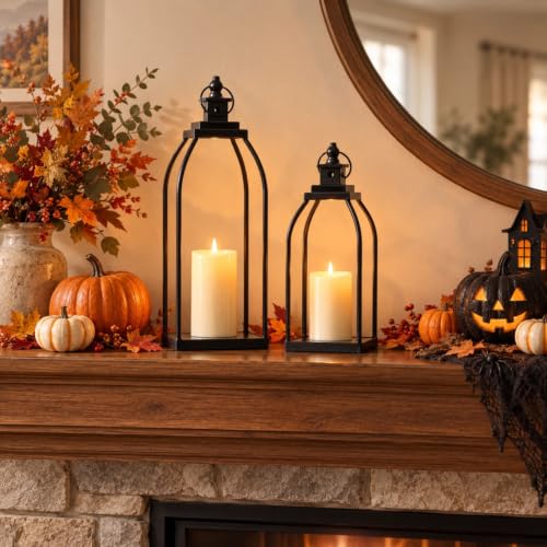 Decorative Candle Lanterns Set of 2, Black Metal for Indoor & Outdoor - size: 14+17in