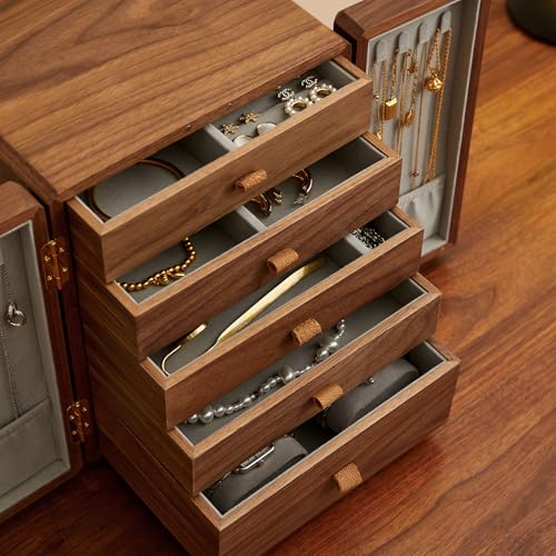 Black Walnut Wood Jewelry Box for Women, Large - size: Double doors