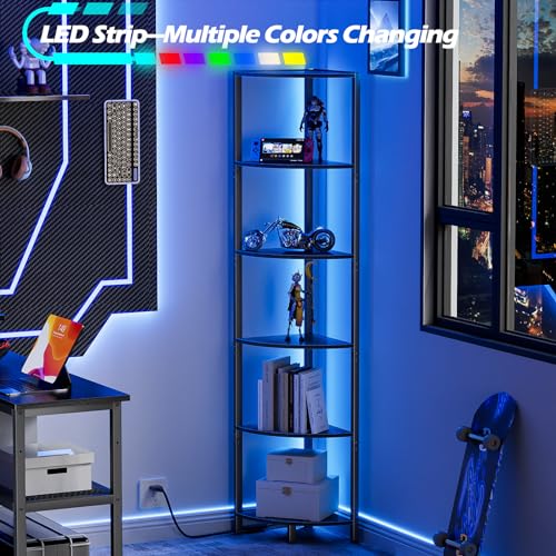 Furnulem 6 Tier Corner Shelf with LED Light, 67.5" Black Narrow Bookshelf - color: Black Oak