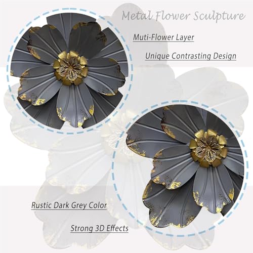 Metal Flower Wall Sculpture, 9.5" Grey Golden Rustic Modern Artwork - color: 02B-Grey
