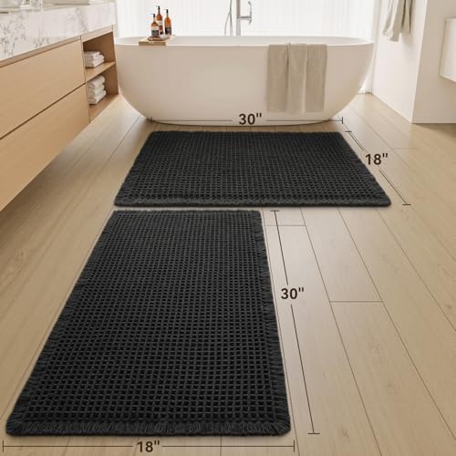 Upgraded Waffle Bath Mat Set of 2 Absorbent Non Slip Bathroom Mat 18" x 30" - color: Black, size: 18" x 30" ( 2 PCS )