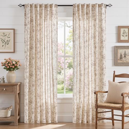 jinchan Custom Size Curtain Taupe Floral Linen Curtain Back Tab 1 Panel - color: Amlie Taupe, size: Custom