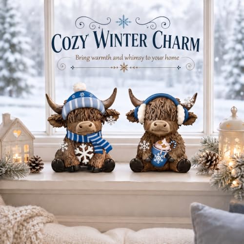 Karenhi 2 Pcs Highland Cow Figurines Resin Winter Decor for Tabletop - style: Winter