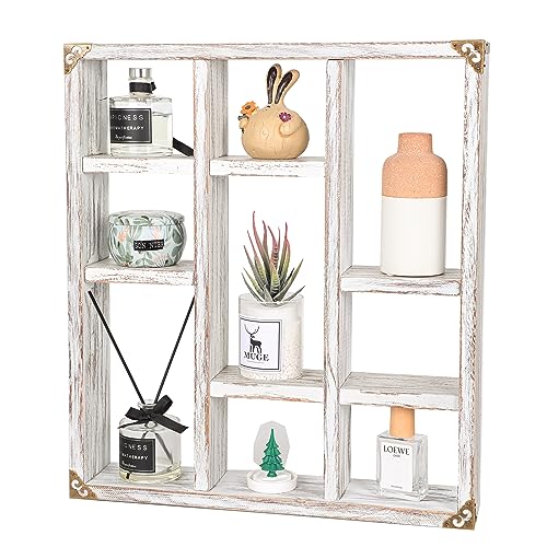 17.7x15.7-Inch Shadow Box Shelf 9-Slot Rustic Floating Shelves Larger Wall Mounted Shelf Lightweight Solid Wood Display Shelf Freestanding Farmhouse(9C-Rustic White) - color: 9c-rustic White, size: 1 PCS