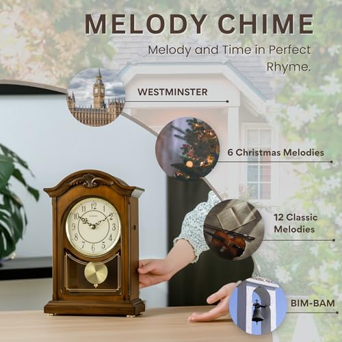 DODEKA Wooden Mantel Clock TCW004DB Pendulum Carved Case Hourly Chime Classic Melody Antique Style for Fireplace, Table, Bedroom, Living Room