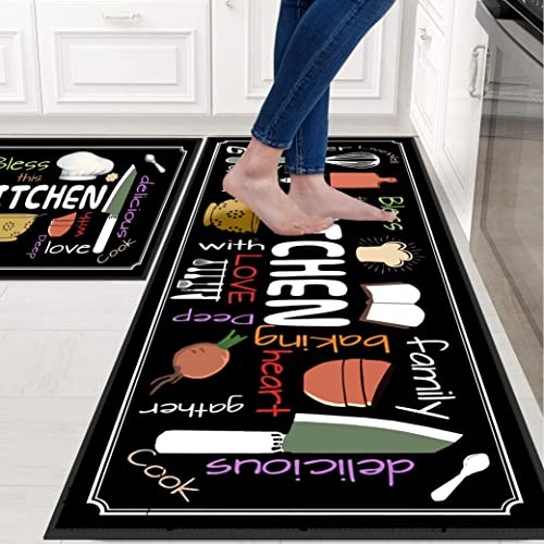 Utensils Kitchen Rugs for Floor 2 Piece Sets, Chef Love Floor Mat for Kitchen, Utensils Kitchen Rug in Front of Sink for Standing for Italian Kitchen Decor 17"X30"+17"X47" - color: Colorful Motto Kitchen Mat