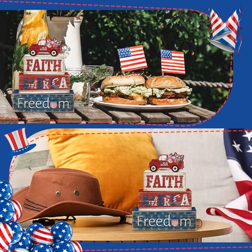 Britimes Tiered Tray Decor Set, 4 Pack, Wooden Table Sign, Independence - style: Independence Day Car