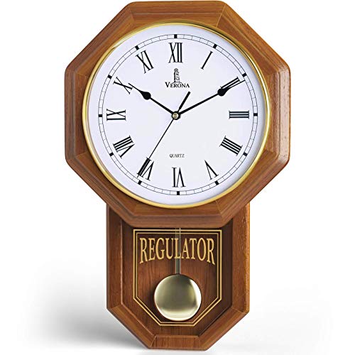 Pendulum Wall Clock Battery Operated, Real Wood Regulator Clock, Quiet - color: Light Wood
