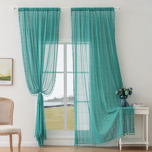 WAZZIO Boho Lace Curtains 84 inch Curtains 2 Panel,Rod Pocket Vintage Bohemian Farmhouse Crochet Cotton Geometry Privacy Sheer Curtain Drapes Farmhouse for Living Room Bedroom,Teal - color: Teal, size: 59"W x 84"L (Pack of 2)