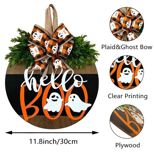Halloween Ghost Wreath, Wooden Halloween Ghost Door Sign Wreath Decorations for Front Door Hanger