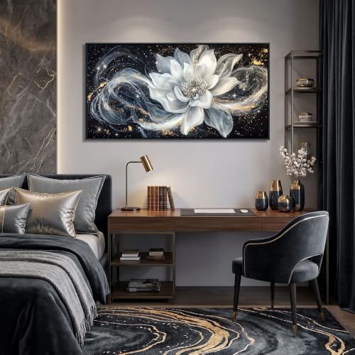 Abstract Flower Wall Art, Black and White Gold Simplicity Framed Canvas Painting Large White Lotus Modern Pictures Artwork for Living room Bedroom kitchen Home Office Decor 20x40 IN - color: Black, size: 40"L x 20"W