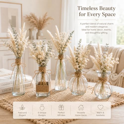 Glass Bud Vases Set of 6 for Flowers, Clear Small Vases with Jute Rope