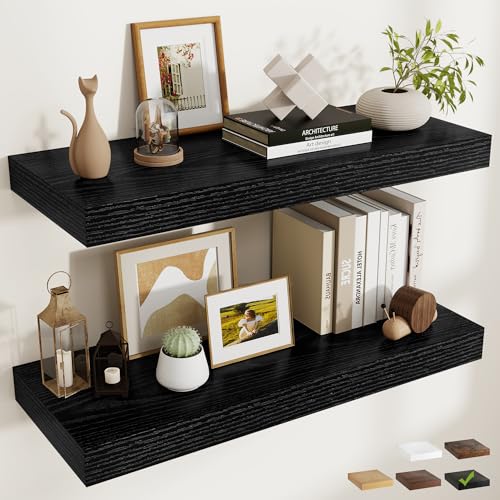 36 Inch Long Floating Shelves for Wall Set of 2, 12"D Wood Grain Shelves - color: Black, size: 36"Wx12"Dx2"H, 2P