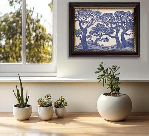 Vintage Gold Framed Wall Art Oak Tree Forest Painting Canvas Prints Blue Woodland Nature Landscape Picture Moody Botanical Poster Artwork for Living Room Bedroom, 16x24in - color: Blue Oak Tree, size: 24"L x 16"W