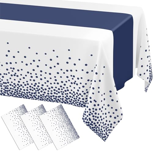 Smiry Disposable Rectangle Plastic 54 x 108 Inch Table Cloth 3 Pack - color: White and Navy
