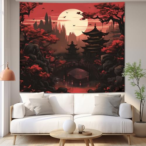 Avinyl Japanese Anime Tapestry for Bedroom Aesthetic, Black Red Sunset Forest Wall Art Decor Tapestries, Dark Nature Landscape Mountain Backdrop for Living Room Office Dorm 60in X 79in - color: Japanese Tower Tapestry, size: 79"L x 60"W
