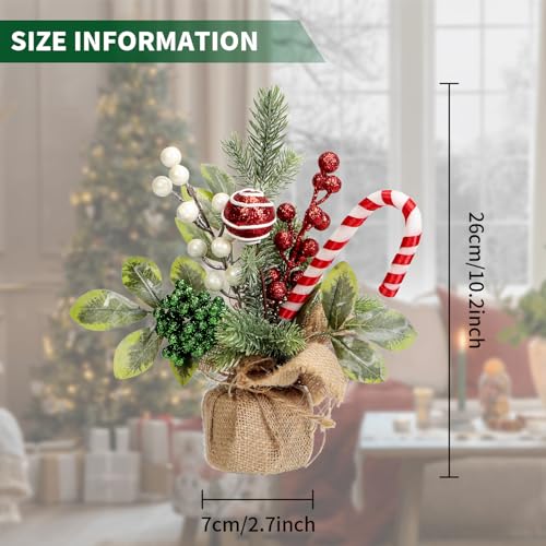 Christmas Tabletop Decorations, 25cm Artificial Christmas Tree Candy Cane Table Top Ornament with Realistic Berries and Leaves for Xmas Home or Office Decor (1, Red Green White)