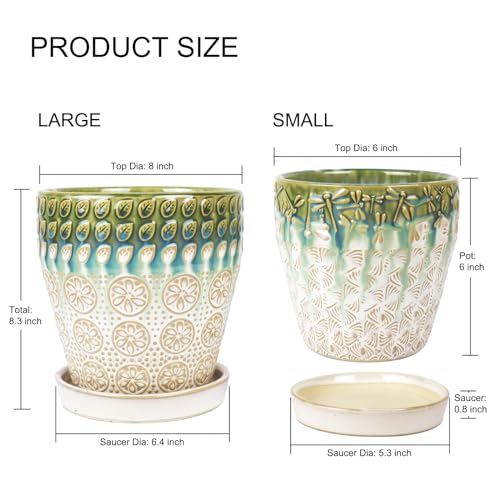 Ceramic Planter Pots for Indoor Plants, 8Inch + 6 Inch Plant Pot with Drainage Holes, Saucers and Mesh Pads, Succulent Orchid Flower Pot -Set of 2 - size: set of 2-8inch+6inch