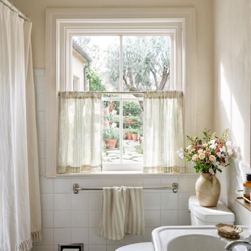 jinchan Linen Striped Tier Curtains for Kitchen Windows Boho - color: Boho Green | on Beige, size: 26"W x 20"L (Pack of 2)