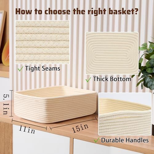 MiniArk Large Shallow Organizing Baskets 15x11x5.1 Inches - Rope Woven Storage Bins for Bathroom, Shelves, Cube Closet, Beige 3 Packs - color: Beige, size: 3pcs-L15×W11×H5.1"