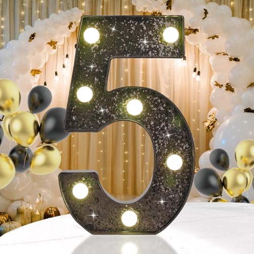 Black Glitter LED Marquee Number 5, Warm White Light Decor Sign - size: Number-5