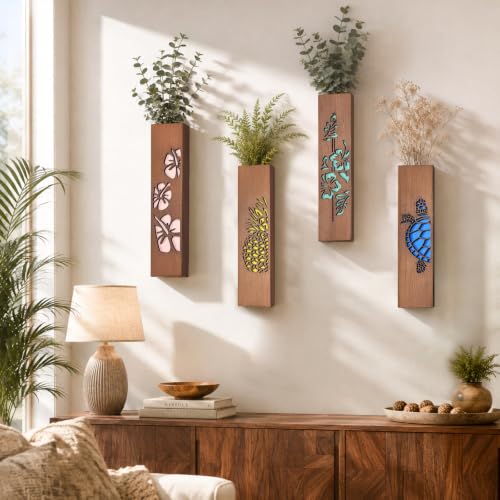 4 Sets Wood Wall Vase Planter for Home Decor Living Room Bedroom Bathroom Wooden Hanging Planters Vases Wall-Mounted Rustic Farmhouse Decorative Holders Mount - Brown - 11.81in