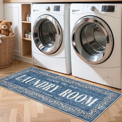 Laundry Room Rug Runner 20"x48": Non-Slip Farmhouse Laundry Room Floor Mat - Washable Stain Resistant Durable Runner Rug - Low-Pile Light Weight Soft Carpet for Pets & Kids Family 1.7x4ft Blue - color: Blue, size: 1'8" x 4' (Rectangular)
