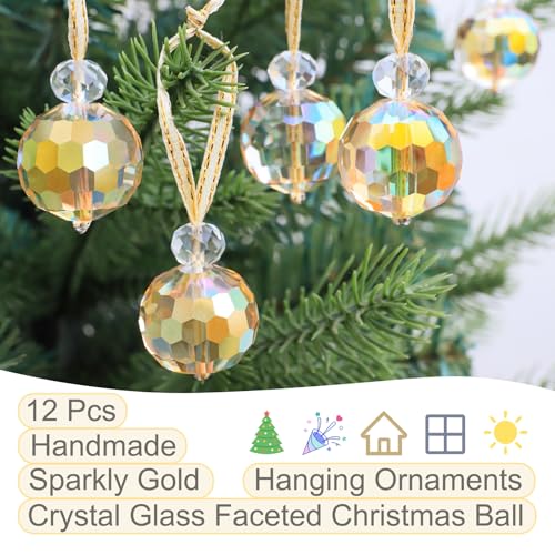 12 Pcs Crystal Glass Christmas Balls Ornaments, 0.87" Mini Prism Ball Christmas Tree Decorations, Hanging Crystal Ornament Clearance for Xmas Wedding Party Home Decor (Sparkly Gold) - color: Sparkly Gold