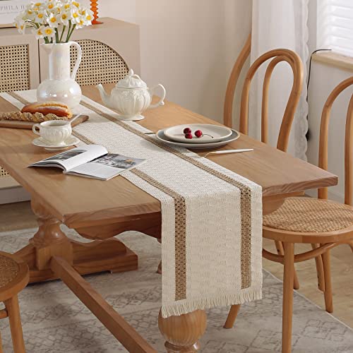 Boho Burlap Macrame Table Runner, Farmhouse Style Cotton Linen Rustic Woven Table Runner with Tassels for Dining, Wedding, Bridal Shower, Bohemian (12x108 inch, Off-White) - color: Off-white, size: 12x108 inch