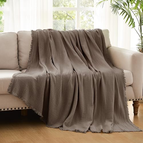 WDCOZY Muslin Throw Blanket 100% Cotton Blankets 4-Layer Breathable Lightweight Soft for Couch Boho Farmhouse Linen Tassels Ruffle Gauze Blankets 50x60 Inches Brown Mocha Chocolate Coffee Taupe - color: Mocha, size: Throw (50"x60")
