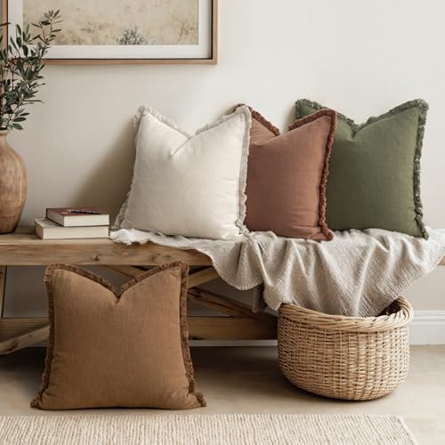 MIULEE Fall Linen Fringe Pillow Covers Set of 4 20x20 Beige/Brown/Green - color: Brown Green, size: 20" x 20" (Pack of 4)