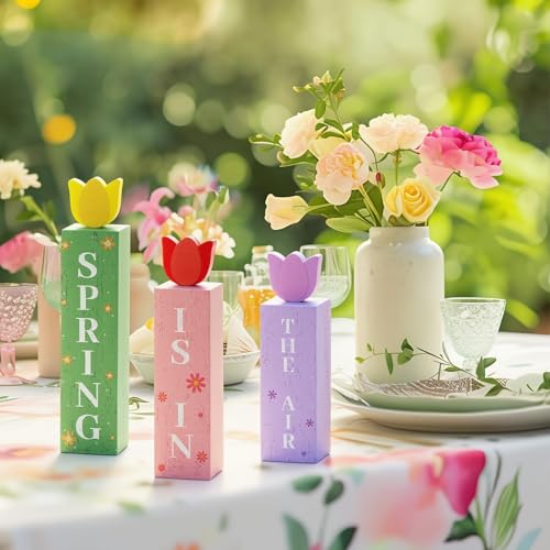 3 Pcs Spring Tulips Wood Table Decor Tulip Flower Block Signs Hello Spring Flowers Table Centerpieces Tulips Spring Holiday Decoration for Home Kitchen Office Desk Easter Decor - style: Spring Tulip