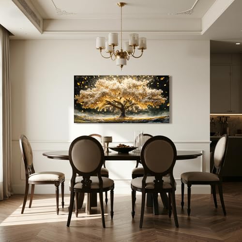 crmotu Tree of Life Large Wall Art, Golden Landscape Canvas Prints 20"x40" - color: Gold and Ivory, size: 40"L x 20"W