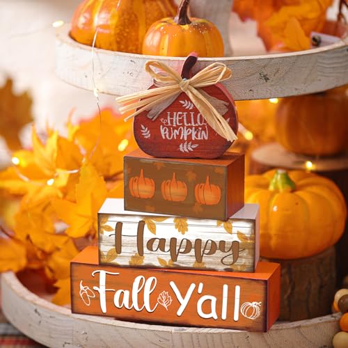 4 Pcs Fall Decor Home Pumpkin Wooden Sign Hello Fall Tiered Tray Decor - style: Pumpkin