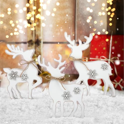 3Pcs Cute Christmas Tiered Tray Decor Indoor, Wooden Farmhouse Reindeer Christmas Tabletop Decorations Xmas Centerpiece, Rustic Reindeer Sign Standing Elk Decor for Home Shelf (White) - style: White