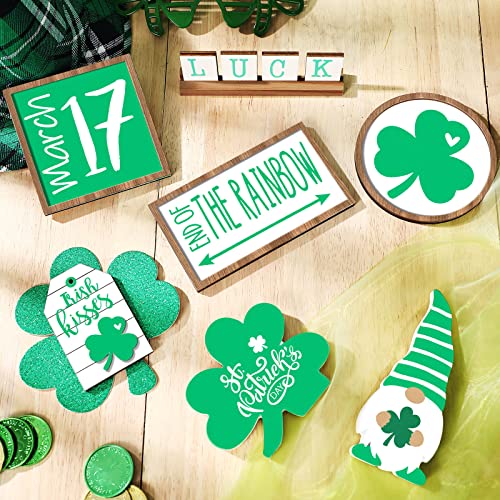 Jetec 12 Pcs St. Patricks Day Tiered Tray Decor Trefoil Shamrocks Wooden Gnomes Green Lucky Shamrocks Tiered Trays Table Signs for Irish Party St. Patrick's Day Tree Decorations - style: Trefoil
