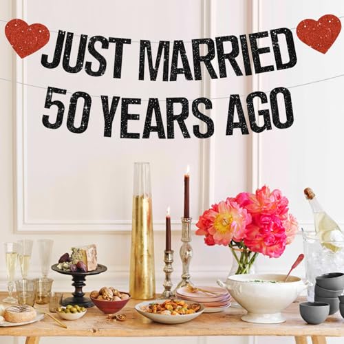 Black Glitter Just Married 50 Years Ago Banner,NO DIY,Pre-Strung 50th Wedding Anniversary Party Decorations 50 Years Blessed & Loved Garland Sign We Still Do 50th Party Supplies - color: 50black