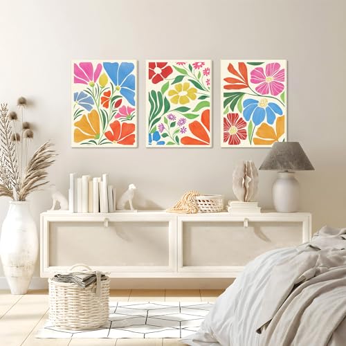 Yaneiro Framed Matisse Colorful Wildflower Wall Art Set of 3, Vintage Abstract Boho Floral Canvas Poster Print Wall Decor, Suitable for living Room Dining Room Bedroom Girls Room 16x24in - color: Color Flowers Framed, size: 16x24 in