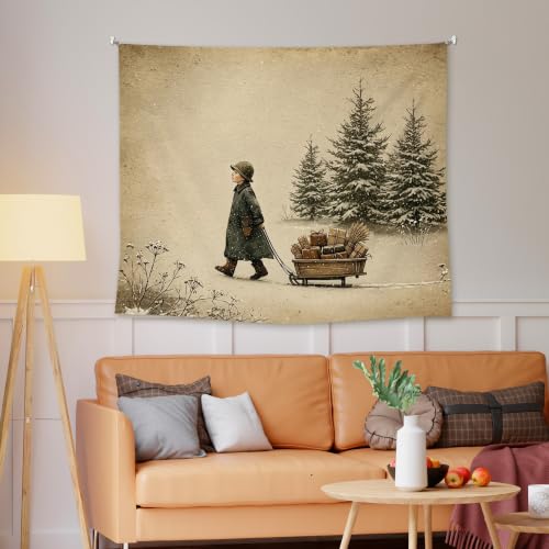 EGBTL Vintage Christmas Tree Boy Nursery Wall Tapestry, Rustic Winter Snowy Boy Xmas Tapestry for Home, Christmas Tapestries Wall Hanging Decor for Boys Bedroom Room Playroom 50x60 Inches - color: Christmas19