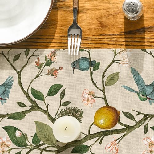 Artoid Mode Brown Lemon Tree Bird Flower Summer Table Runner,Spring Kitchen Dining Table Decoration for Home Party Decor 13x60 Inch - size: 13" x 60", Table Runner