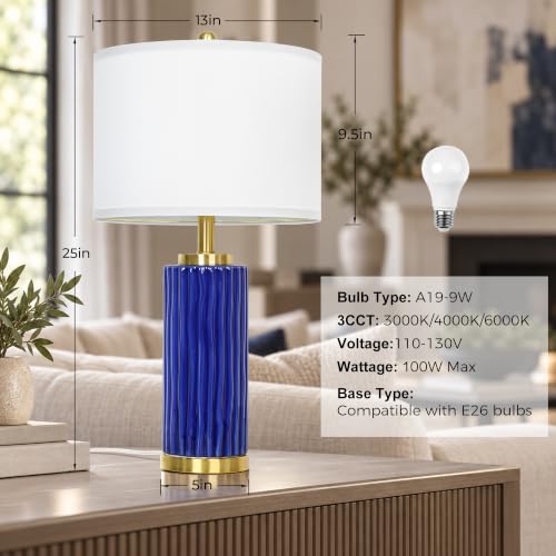 JUNNAI 25'' Navy Blue Ceramic Table Lamp, 3 Color Temperature Bulb Included - color: Navy Blue-25"