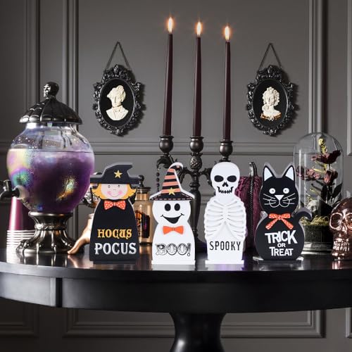 Halloween Decorations Indoor, DECSPAS 4 PCS Wood Blocks Halloween Table Decor, Ghost Black Cat Skull Witch Gothic Tabletop Ornaments, Hocus Pocus Decorations for Home, Tiered Tray, Shelf, Mantel - style: Halloween - Ghost, Cat, Skull, Witch