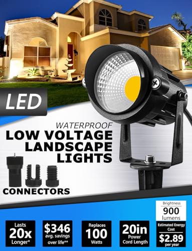 SUNVIE 12W Low Voltage LED Landscape Lights with Connectors, Outdoor 12V Super Warm White (900LM) Waterproof Garden Pathway Lights Wall Tree Flag Spotlights with Spike Stand (10 Pack with Connector) - color: Warm White