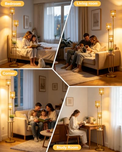 Lightdot Dimmable Boho Floor Lamps with Table 3-Lights Farmhouse Floor Lamp 3000K Warmwhite Bulbs Included Rustic Gold Standing Lamp with 5Lbs Heavy Base for Living Room/Sofa Beside/Corner Decor - color: 3 Rattan-Gold Shelf