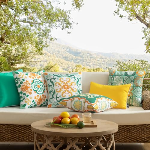 Phantoscope Set of 4 Outdoor Waterproof Throw Pillow Covers, Geometric, Decorative Boho Farmhouse Outdoor Pillows Cushion Case for Home Patio Furniture Tent, Turquoise/Orange 18x18 Inches - color: Turquoise/Orange, size: 18" x 18" (Pack of 4)