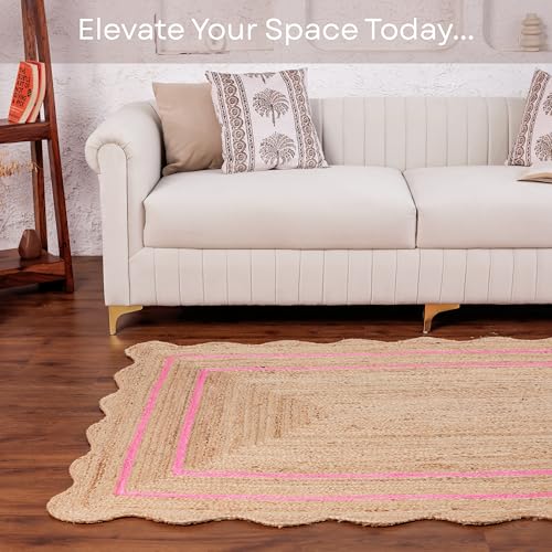 Wave Scalloped Jute Rug Entryway Natural Boho Area Rug Dark Pink 2'x4' - color: Dark Pink, size: 2'x4'