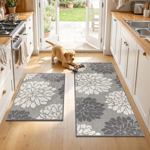 Findosom Kitchen Rugs Sets of 2, Floral Washable Kitchen Runner Rug, Gray - color: Grey, size: 24" x 36" + 24" x 71"