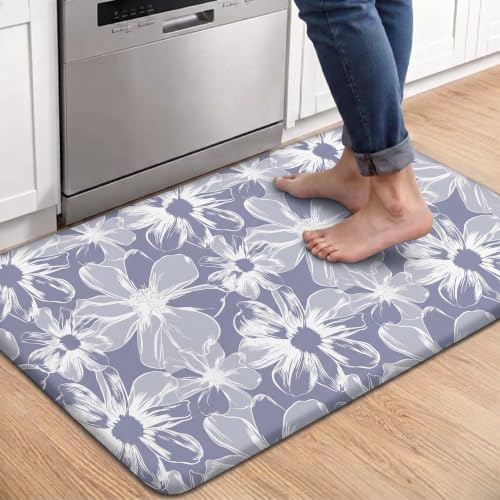 Kitchen Floor Mat 36x20in Waterproof Anti-Fatigue Kitchen Mats - color: Grey White Flowers