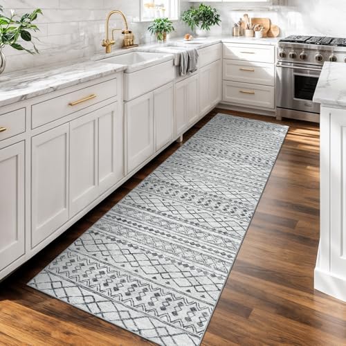 KUTA Boho Washable Runner Rug 2x7 Grey White Moroccan - color: Grey, size: 2' x 7' (Runner)